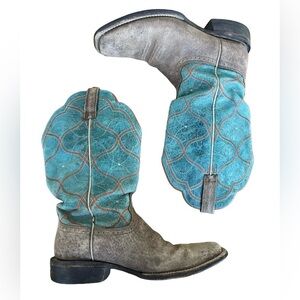 Ariat Big City wmns square toe teal & taupe western cowboy boots SZ 8.5